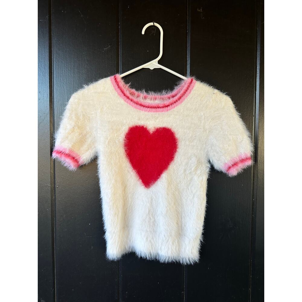 Fuzzy Heart Knit Short Sleeve Sweater Top White Pink Red Women Y2K Soft Tee